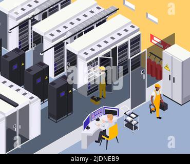 Data center facility interior isometric element with operator desk servers racks technician fixing physical infrastructure vector illustration Stock Vector