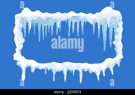 Snow ice cap frame composition with rectangle shaped pile of snow with icicles and empty space vector illustration Stock Vector