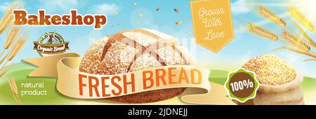 Realistic bread horizontal poster with editable text badges and outdoor background with field scenery and wheat vector illustration Stock Vector