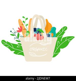Eco shopping bag with vegetables, fruits. Dairy food in reusable eco friendly shopper net. Zero waste concept. Flat trendy design. Say no to plastic b Stock Vector