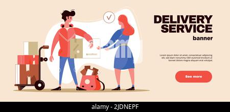 Shipment tracking courier delivery service web page flat horizontal banner with handing package to customer vector illustration Stock Vector