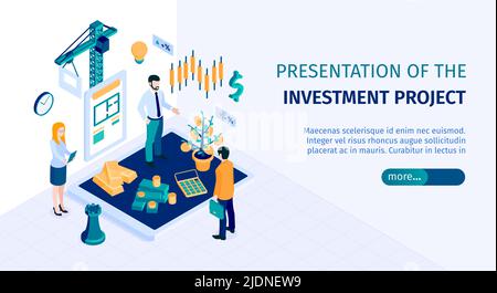 Investment decisions horizontal isometric web banner with entrepreneur making profitable building construction project presentation vector illustratio Stock Vector