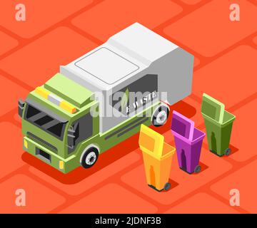 Electronic garbage isometric background composition with images of e-waste labeled truck and colourful waste bins vector illustration Stock Vector