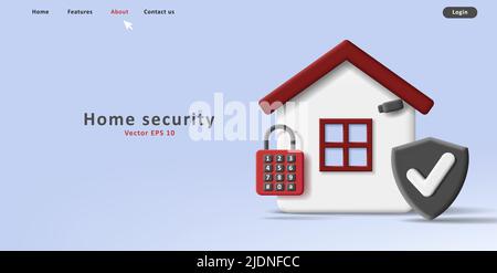 3d house illustration with padlock and shield. property security icon Stock Vector