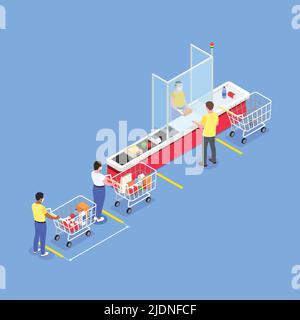 Social distancing isometric composition with supermarket line and people with shopping carts and cashier behind barrier vector illustration Stock Vector