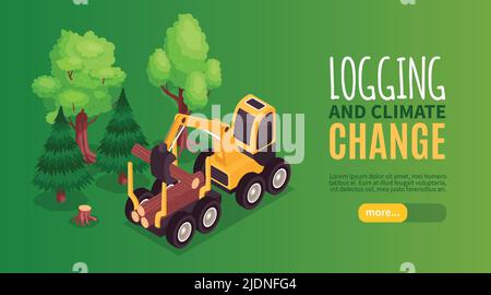 Isometric wooden furniture production horizontal banner with button text and image of bulldozer loading tree trunks vector illustration Stock Vector