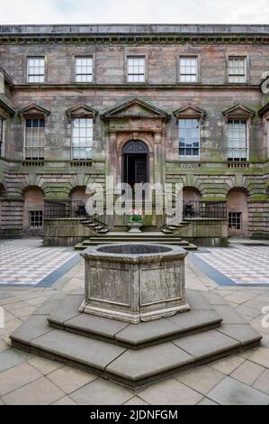 Disley, England- May 15, 2022: The central court yard at the National Trust Lyme Park House near Manchester. Stock Photo