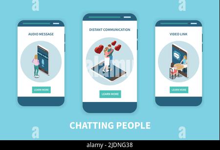 Chatting people mobile app concept with audio message distant communication and video link isometric icons on smartphone screens vector illustration Stock Vector