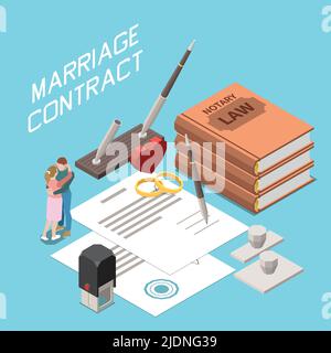Marriage contract isometric background with hugging couple pair of wedding rings document certified by notary vector illustration Stock Vector