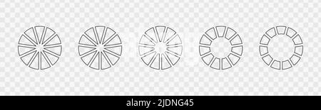 Outline donut charts or pies segmented on 11 equal parts. Set of infographic wheels divided in eleven sections. Circle diagrams isolated on transparent background. Vector graphic illustration Stock Vector