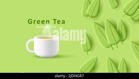 green tea 3d cup with stylized leaves pattern Stock Vector