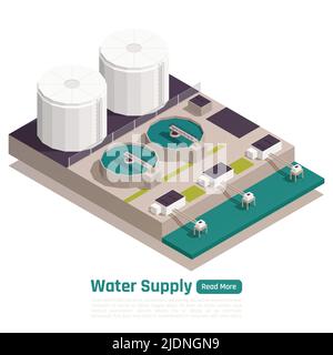 Water supply isometric background with text and view of purification plant reservoirs filtering and storing facilities vector illustration Stock Vector