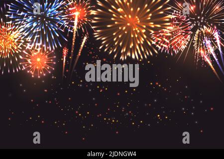 Realistic fireworks composition with images of pyrotechnics firework display colourful shapes and particles on dark background vector illustration Stock Vector