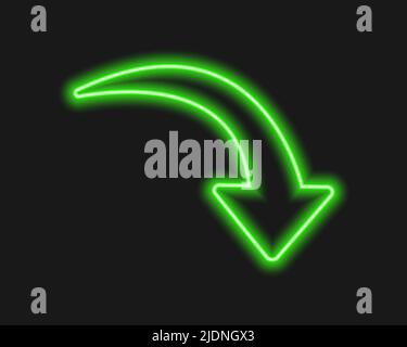 Green here neon arrow. Lightning direction sign on dark background. Vector realistic illustration. Stock Vector