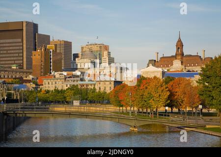 Old Montreal skyline taken from Bonsecours basin in autumn, Quebec, Canada. Stock Photo