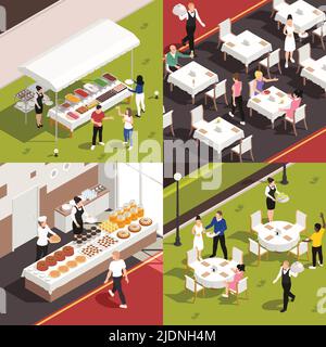 Catering service concept 4 isometric compositions with banquette buffet corporate lunch outdoor wedding celebration isolated vector illustration Stock Vector