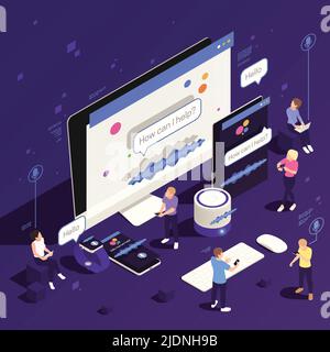 Voice assistant on mobile phone smartwatch tablet laptop connect users to smarthome devices isometric composition vector illustration Stock Vector