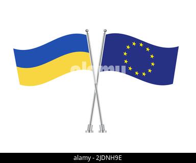 Ukraine and EU flag on stick crossed. The European Union vector icon flat design. eps 10 Stock Vector