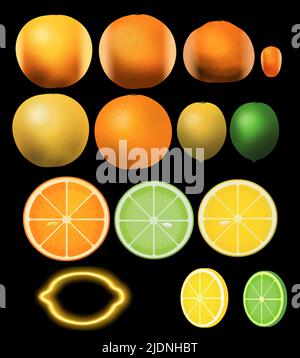 Citrus fruit is seen as 3-d illustrations isolated on the background to be used as a graphic resource. Stock Photo