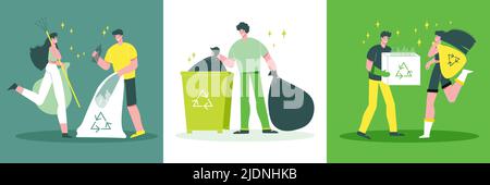 Garbage collecting recycling concept 3 flat compositions with sorting waste in boxes plastic bags containers vector illustration Stock Vector