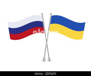 Russia and Ukraine Flag with Metal Pole Isolated on White Background. Editable Flat Vector Illustration. eps 10 Stock Vector