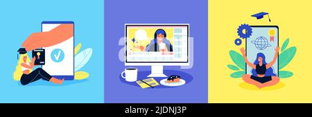 Online education design concept with square compositions smartphone images workspace elements and human characters of students vector illustration Stock Vector