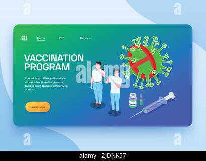 Vaccination isometric web site landing page with images of virus vaccine medical specialists links and text vector illustration Stock Vector