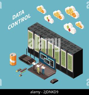 Datacenter isometric colored concept with data control headline and abstract server room vector illustration Stock Vector