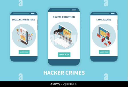 Hacker fishing digital crime isometric colored concept with hacker crimes headline and descriptions vector illustration Stock Vector
