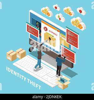 Isometric hacker fishing digital crime composition with identity theft description and abstract elements vector illustration Stock Vector