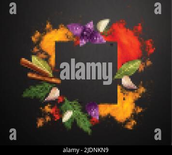 Spices and herbs realistic frame decorated by cinnamon roll bay leaves branches of basil and dill on black background vector illustration Stock Vector