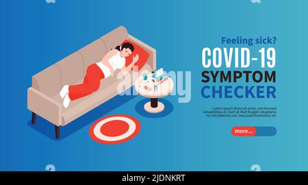 Isometric cold flu coronavirus symptom checker horizontal banner with text more button and sick person character vector illustration Stock Vector