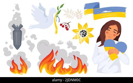 Set of icon elements dedicated to Ukraine. War in Ukraine. Stock Vector
