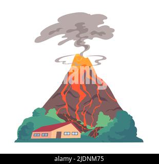 Volcano eruption Natural disaster elemental calamity. Stock Vector