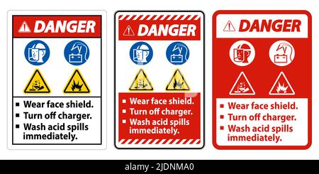 Warning Sign Wear Face Shield, Turn Off Charger, Wash Acid Spills Immediately Stock Vector