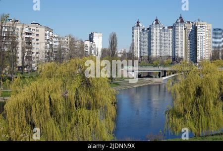 Kiev, Ukraine April 28, 2021: Pedestrian bridge Rusanivka district of Kiev city Stock Photo