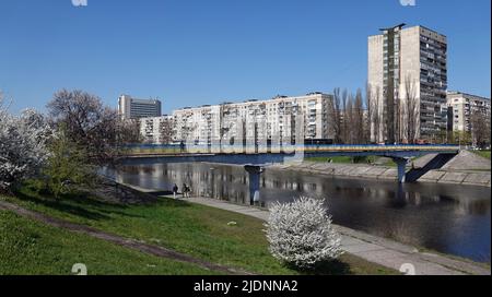 Kiev, Ukraine April 28, 2021: Pedestrian bridge Rusanivka district of Kiev city Stock Photo