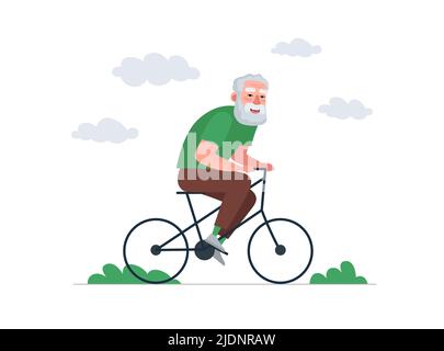 Older man fun and riding bicycle. Elderly male ride on bike. Old bearded person healthy activity lifestyle. Retired grandpa cycling. Cheerful senior pensioner leisure. Active grandfather vector eps Stock Vector