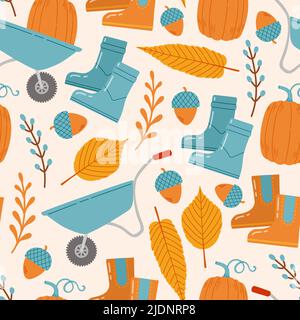 Autumn seamless pattern with pumpkin, leaf vector Stock Vector