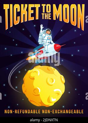 Astronaut riding a rocket flies around the moon Stock Vector