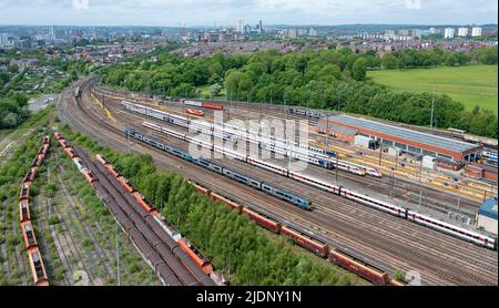 Siemens Trans Pennine Express Class 185's 185112 185142 11:35 Manchester Piccadilly to Hull passes Neville Hill Depot. 17th May 2022. Stock Photo