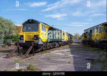 Freightliners Class 70's 70003, 70007, 70010, 70017 line up at the rear of Leeds Midland Road. 20th April 2022. Stock Photo