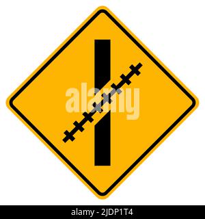 Warning signs Railway Level Crossing at an oblique angle on white background Stock Vector