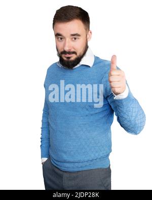 Young handsome man with beard wearing casual sweater over white isolated background approving doing positive gesture with hand, thumbs up smiling and happy for success. High quality photo Stock Photo