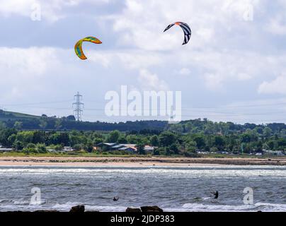 Kite Surfers on a windy day on the Firth of Forth at Longniddry Bents East Lothian, Scotland, UK Stock Photo