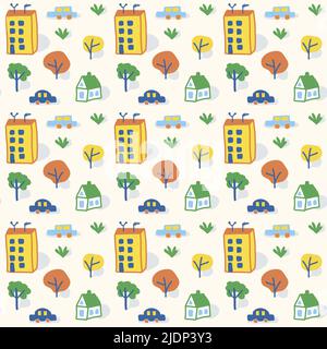 Cute childish seamless pattern with buildings, transport, abstract trees in doodle scandinavian style. Print for kids fabric, textile, packaging Stock Vector
