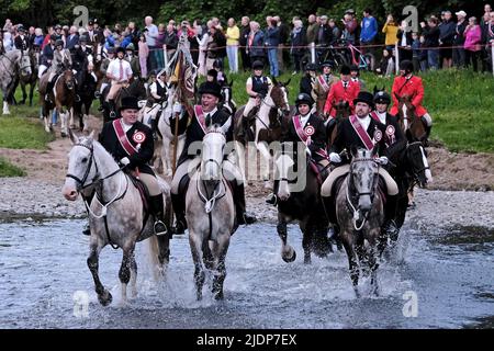 Peebles, UK. , . Beltane Wednesday - Cornets Installation, Rideout & Reel Peebles Cornet Iain Mitchell carries the flag on the traditional riding of the Marches. Flanked by his left and right hand men, fording the river Tweed. ( Credit: Rob Gray/Alamy Live News Stock Photo