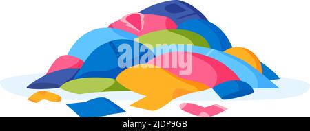 Pile of clothes on floor. Heap of dirty laundry. Stack of dirty apparel on laundry day. Wardrobe mess. Flat illustration. Stock Vector