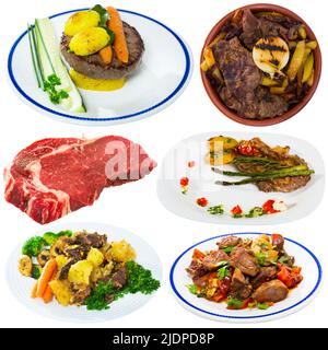 Various dishes of beef with vegetables Stock Photo