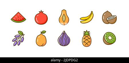 Flat fruit icon pomegranate vector pineapple tropical coconut kiwi quince watermelon sign. Stock Vector